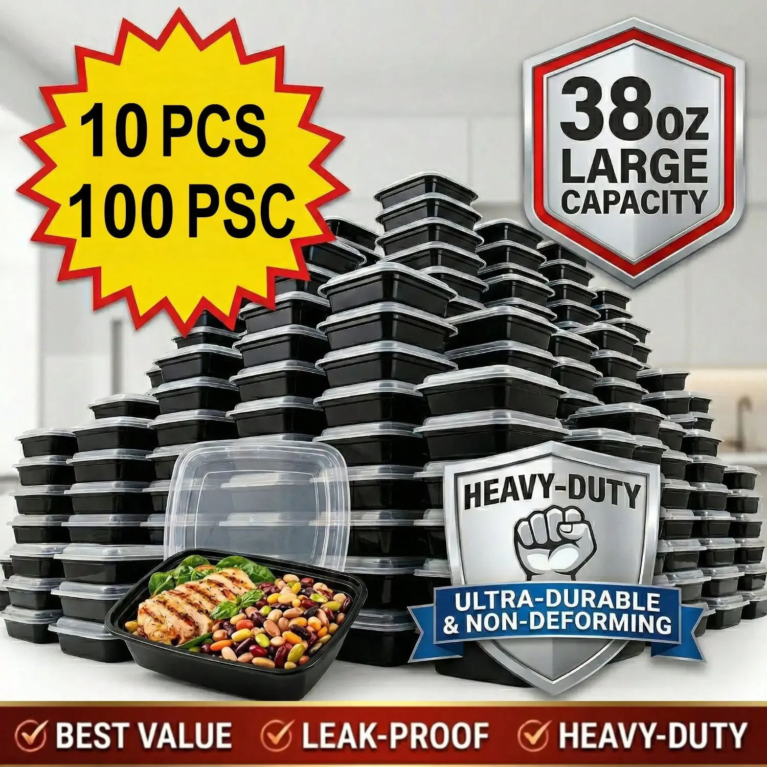 Meal Prep Kitchen - 10/100 unidades de recipientes retangulares pretos